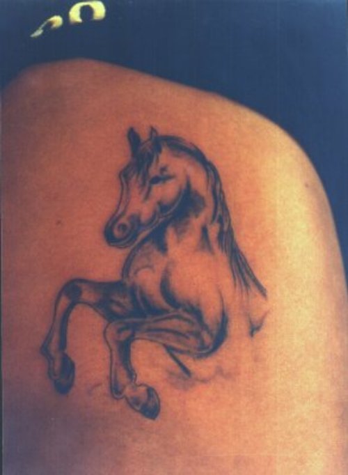 Beautiful Grey Ink Horse Tattoo On Side