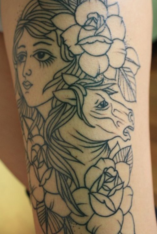 Grey Ink Flowers Horse Tattoo