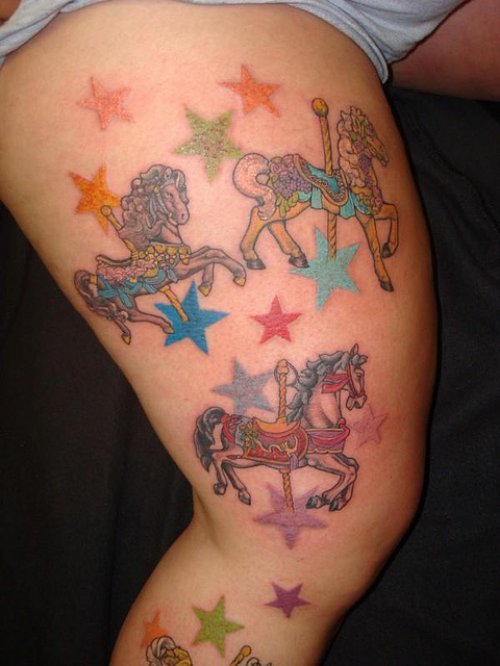 Awesome Colored Horse Tattoos On Leg Sleeve