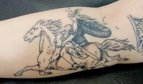 Grey Ink Running Horse Tattoo On Sleeve