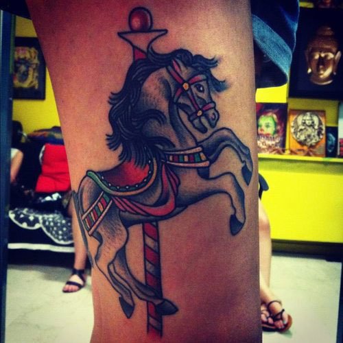 Colored Horse Tattoos On Leg Sleeve