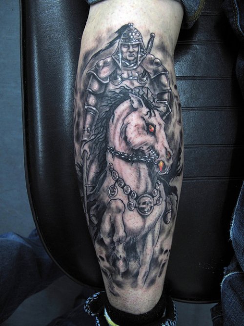 Grey Ink Horse Tattoo On Back Leg For Men