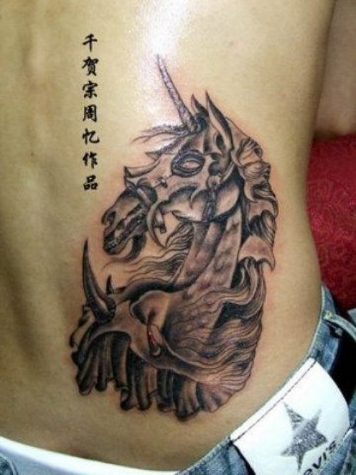 Grey Ink Horse Tattoo On Man Side Rib