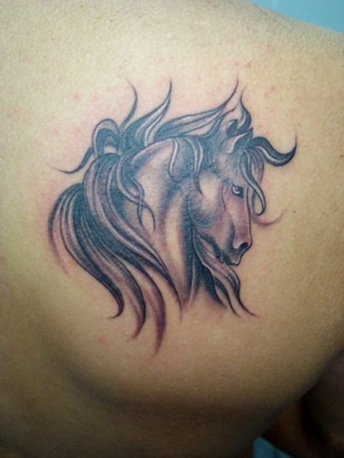 Crazy Grey Ink Horse Tattoo On Right Back Shoulder