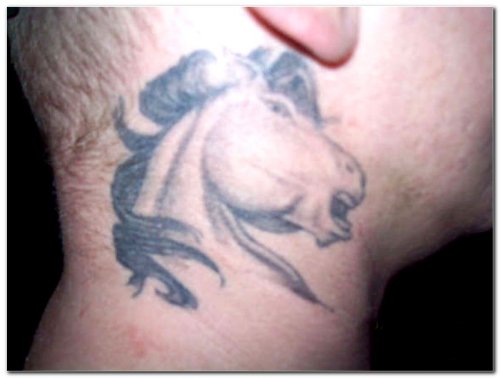Grey Ink Horse Tattoo On Side Neck