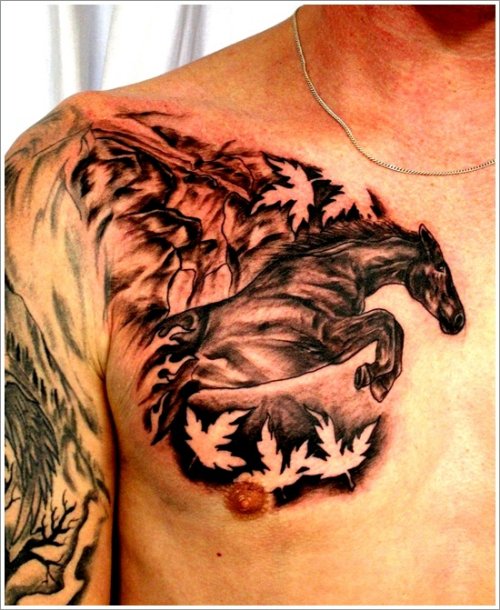 Man Chest Grey Ink Horse Tattoo