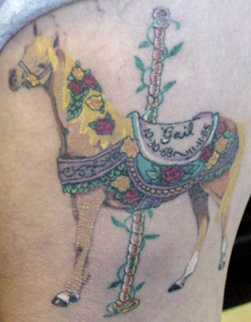 Colorful Horse Tattoo On Left Leg