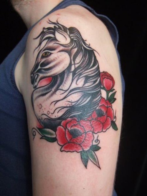 Red Flowers And Horse Head Tattoo On Left Shoulder