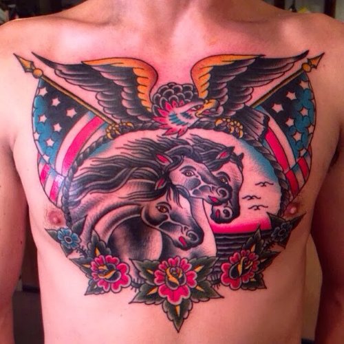 Flying Eagle And Horse Tattoos On Man Chest