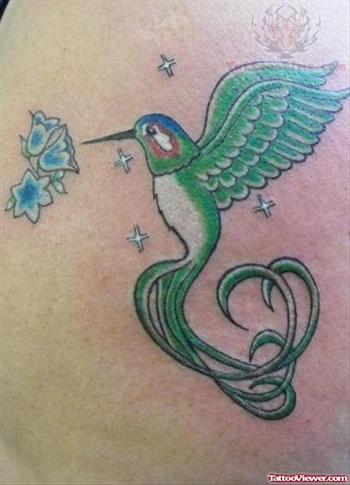 Hummingbird And Blue Flowers Tattoo