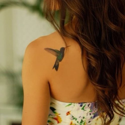 Small Hummingbird Tattoo On Left Back Shoulder For Girls