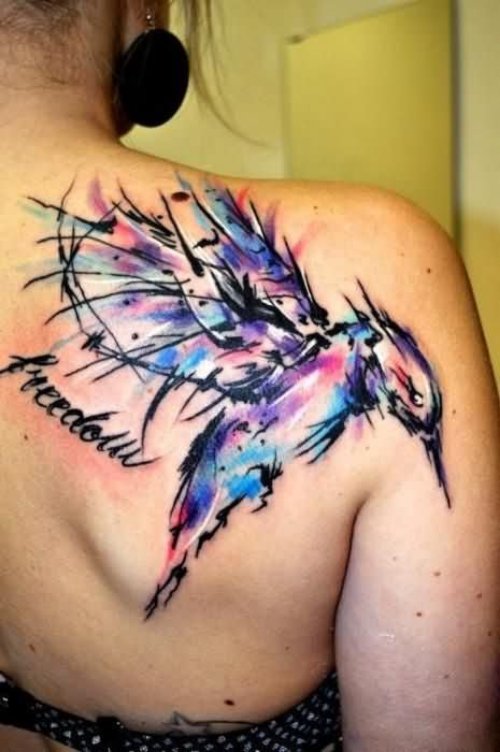 Watercolor Hummingbird Tattoo On Right Back Shoulder For Girls