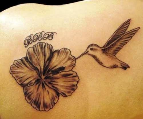 Grey Hibiscus Flower And Flying Hummingbird Tattoo