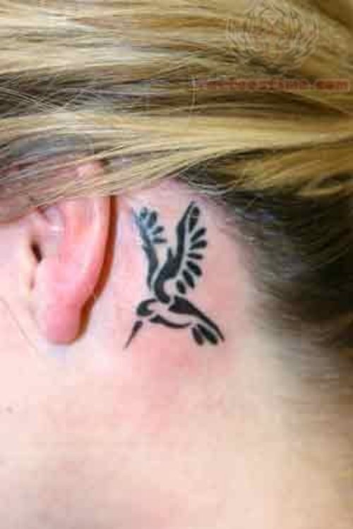 Black Tribal Hummingbird Tattoo Behind Ear
