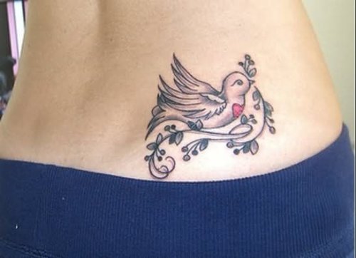 Hummingbird With Tiny Heart Tattoo On Lower Back