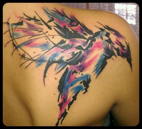 Watercolor Abstract Hummingbird Tattoo On Back Shoulder