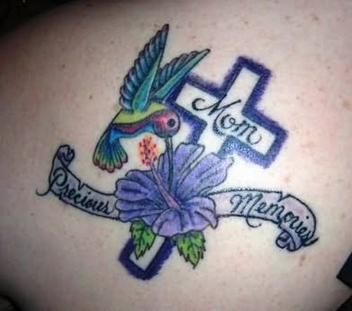 Cross And Hummingbird Tattoo With Flower And Banner