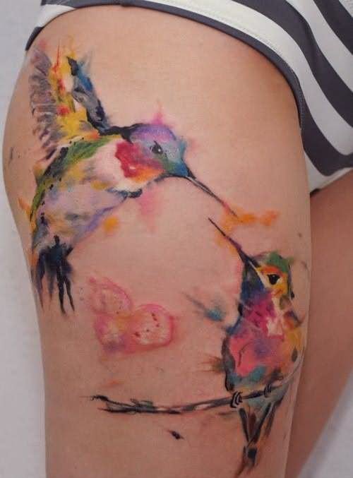 Watercolor Hummingbird Tattoos On Right Leg