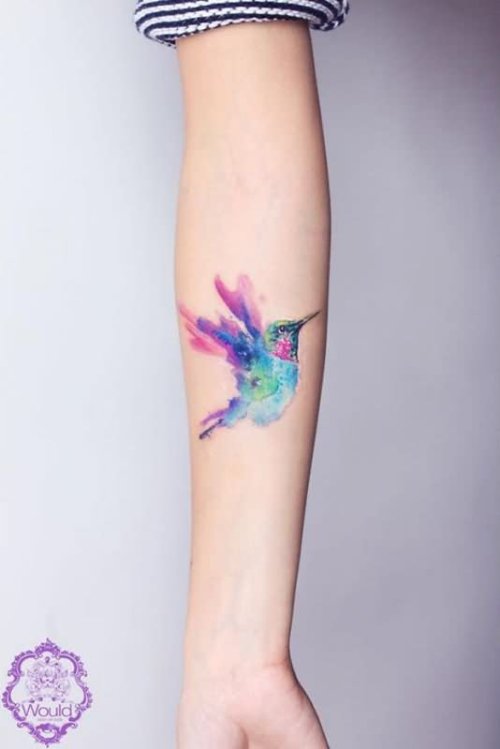 Watercolor Hummingbird Tattoo On Forearm