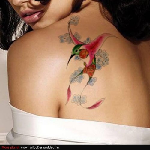 Color Hummingbird Tattoo On Left Back Shoulder