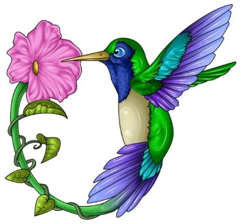 Pink Flower And Colored Hummingbird Tattoo