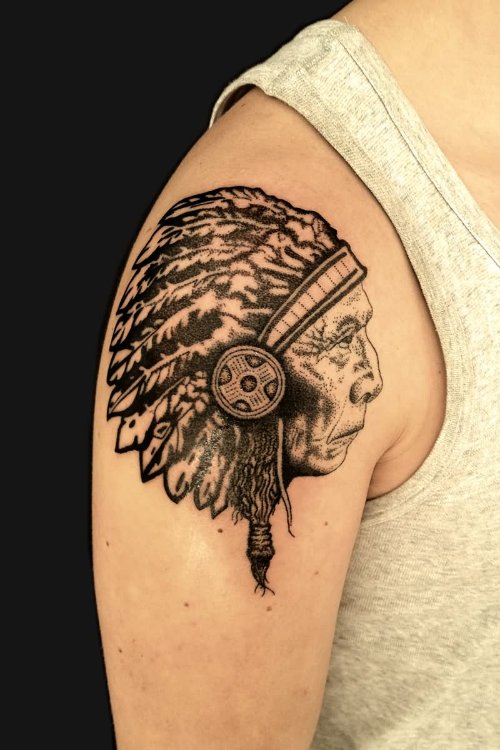 Grey Indian Native Tattoo On Shoulder