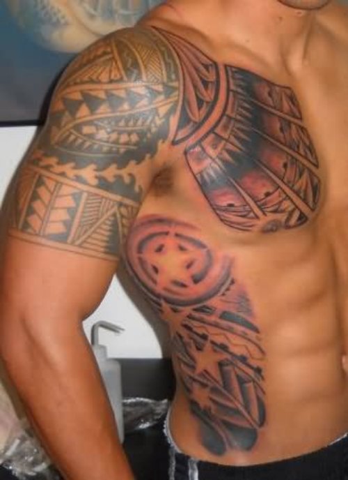 Maori Indian Tattoo On Shoulder And Rib