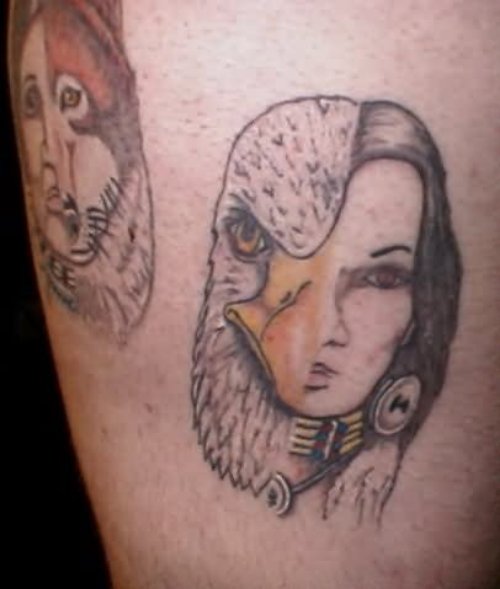 Indian Girl Face And Bird Face Tattoo