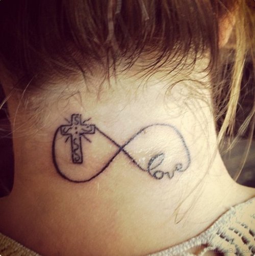 Love And Cross Infinity Tattoo On Back neck
