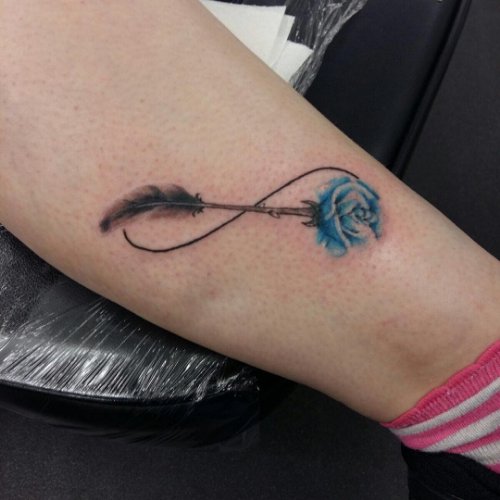 Blue Rose And Feather Infinity Tattoo On Leg