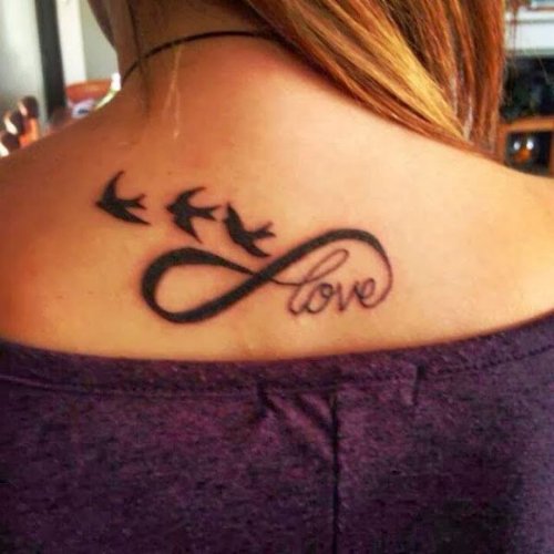 Black Flying Birds And Infinity Love Tattoo On Lowerback