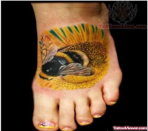 Bee And Flower Tattoo On Foot