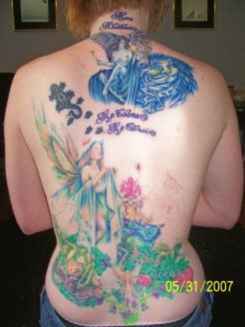 Color Fairy and Iris Tattoo On Back