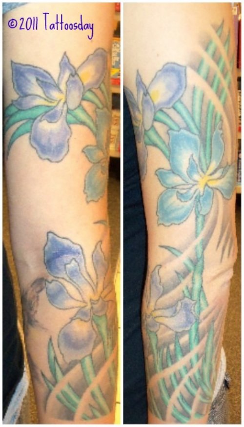Colored Iris Flower Tattoos On Sleeve