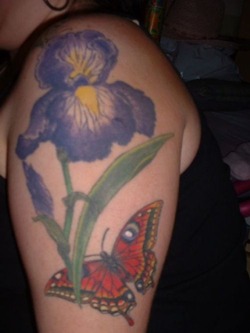 Color Butterfly And Iris Tattoo On Left Shoulder