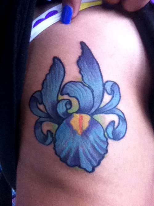 Blue Ink Iris Flower Tattoo
