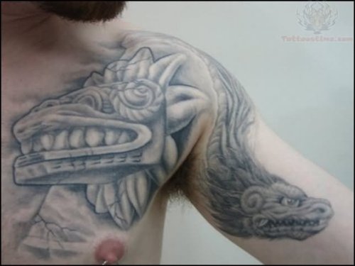 Grey Ink Aztec Jaguar And Dragon Tattoo