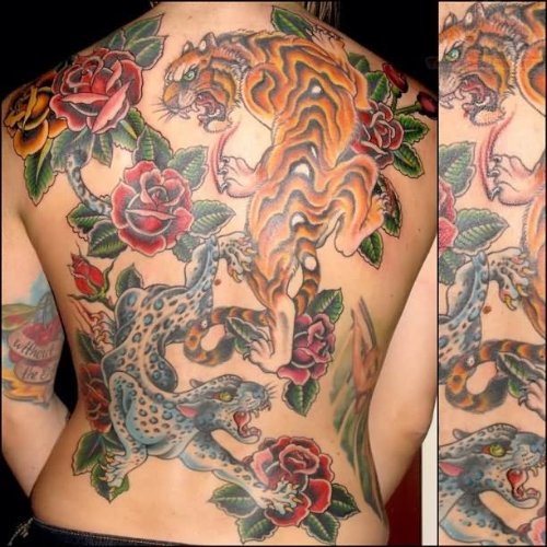 Japanese Tiger and Jaguar Tattoo On Back