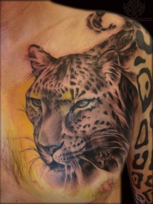 Jaguar Tattoo On Left Shoulder And Chest