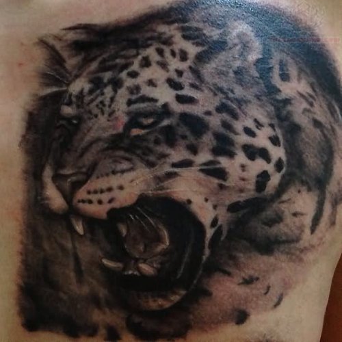 Grey Ink Chest Jaguar Tattoo