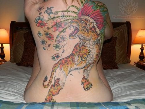 Flowers And Jaguar Tattoo On Back