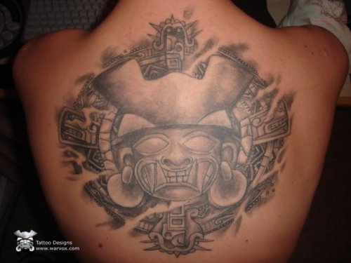 Grey Ink Aztec Jaguar Tattoo On Back