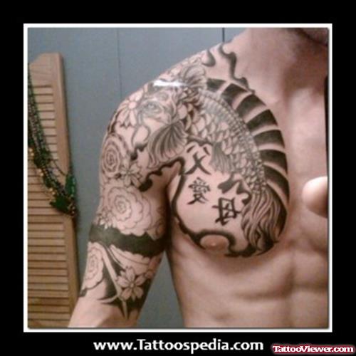 Grey Ink Japanese Tattoo On Chest And Half Sleeve