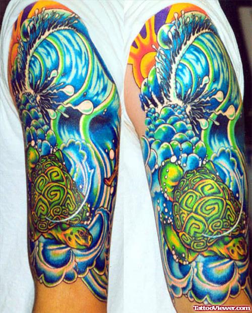 Awesome Colored Japanese Tattoo On Half Sleeve