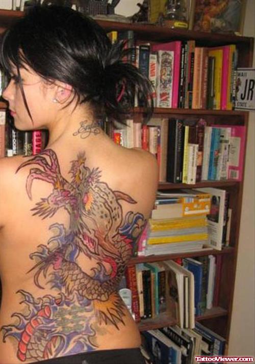 Amazing Colored Japanese Tattoo On Girl Back Body