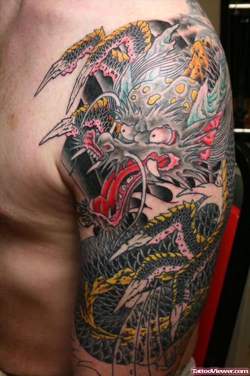 Traditional Japanese Dragon Tattoo On Left Half Sleeve