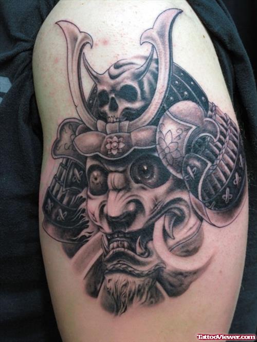 Samurai Helmet Grey Ink Japanese Tattoo