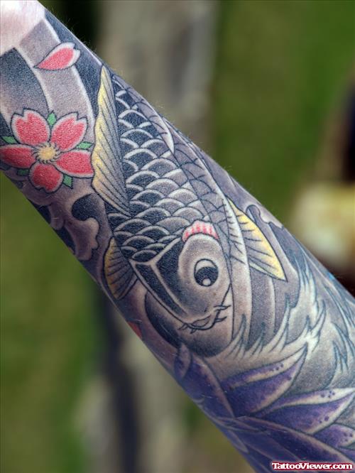 Japanese Flowers And Koi Japanese Tattoo On Full Sleeve
