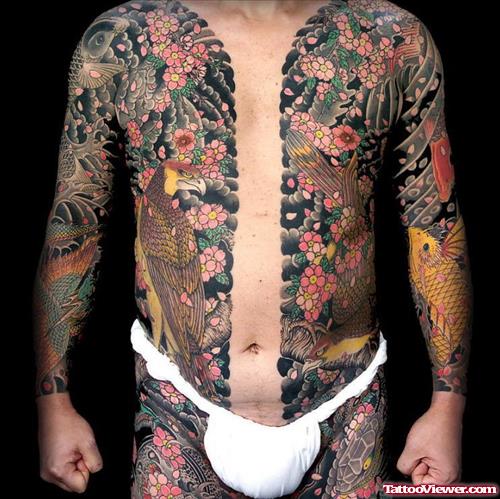 Colored Japanese Flowers Tattoos On Body