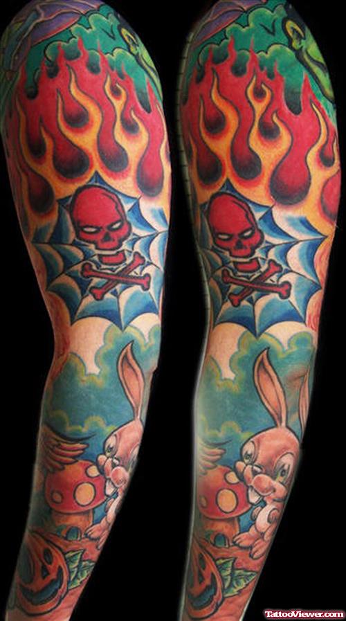 Colored Japanese Flaming Skull and Rabbit Tattoo